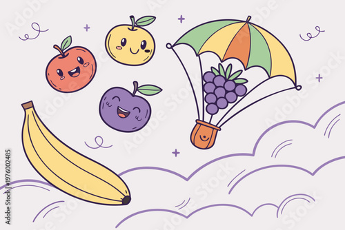 A colorful illustration of smiling fruits floating in the air with a hot air balloon