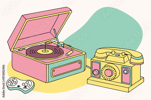 A colorful vector illustration of a record player, vintage telephone, and video game controller on a white background