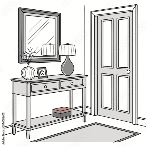 A minimalist vector illustration of a console table with a mirror, lamp, and door in a modern entryway