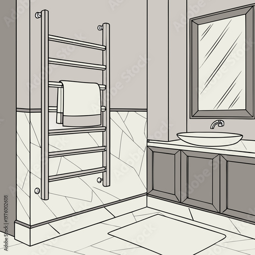 A minimalist vector illustration of a modern bathroom interior with a towel rack, sink, and mirror