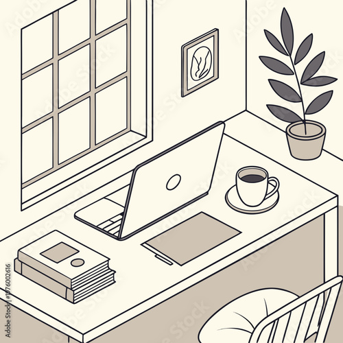 A minimalist vector illustration of a home office workspace with a laptop and coffee cup on a desk
