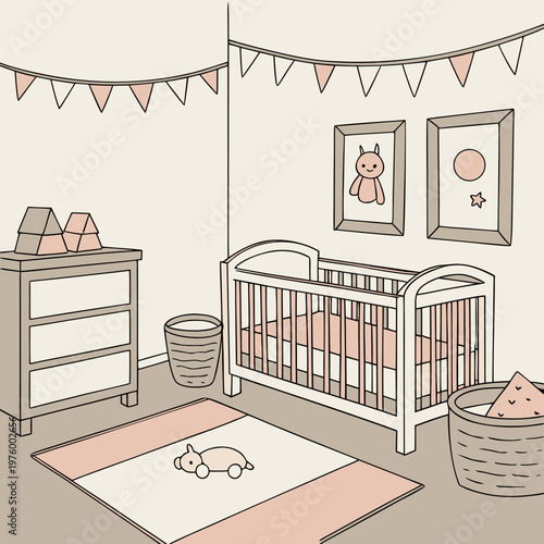 A minimalist illustration of a baby's nursery with a crib, changing table, and decorative elements