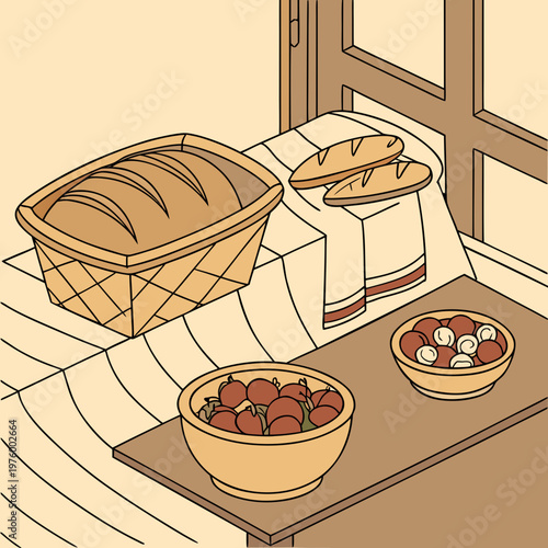 A vector graphic illustration of a kitchen table with bread and bowls of tomatoes and mushrooms