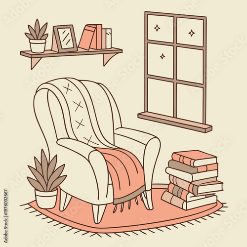 A cozy reading nook with a comfortable armchair, books, and plants in a minimalist illustration