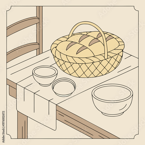 A minimalist vector illustration of a wicker bread basket and bowls on a wooden table