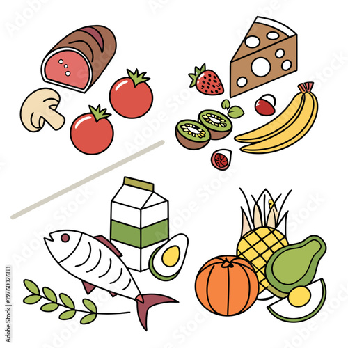A colorful vector graphic illustration of various healthy food items and fresh produce