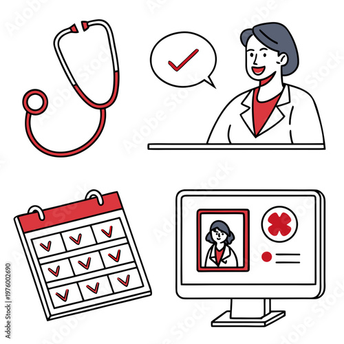 A vector graphic illustration of a doctor with a stethoscope and computer