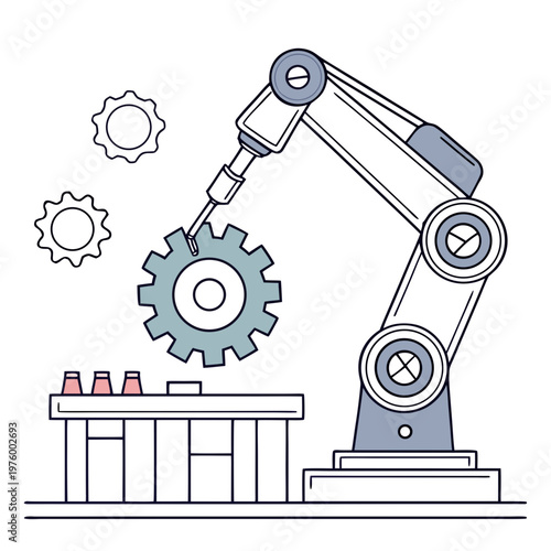 A robotic arm is assembling gears on a workbench in a factory setting with a minimalist design