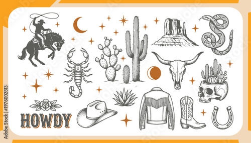 Hand Drawn Wild West Vintage Illustration Set with Cowboy on Horse, Desert Cactus, Scorpion, Skull, Snake and Western Elements Vector Graphics for T-shirt Design