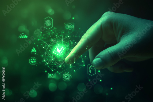 Abstract composition of a glowing fingertip connecting with floating eco icons, geometric shapes and soft neon green light, modern environmental awareness concept