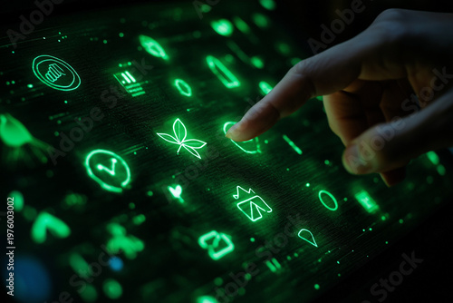 Close-up of a single finger touching a glowing eco icon interface, with symbols of leaf, recycling, solar energy, and water floating in a futuristic green holographic display, dark background