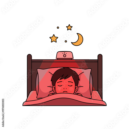 Child sleeping in bed under red light therapy lamp illustration