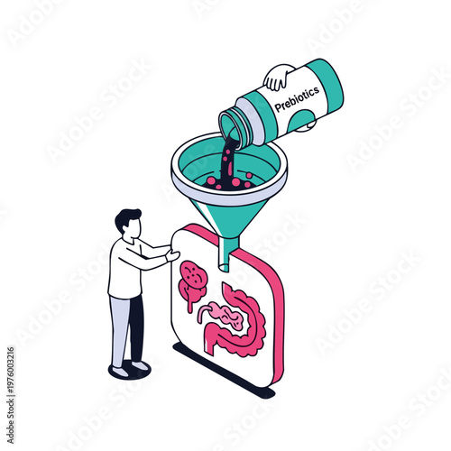 Isometric Illustration of Character Promoting Gut Health with Prebiotics
