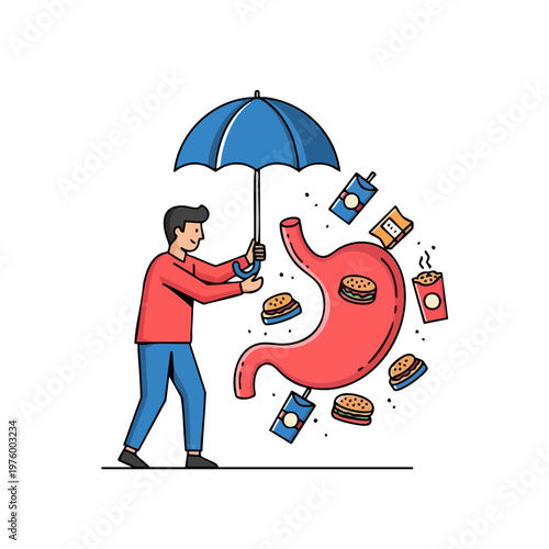 Man protecting stomach from junk food with an umbrella