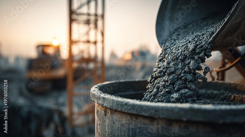 slurry. A cement mixer on a construction site with grey slurry inside. safety posters, maintenance manuals, designed for industrial assembly lines and welding operations.