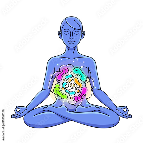 Person meditating with visible gut microbiome and digestive health