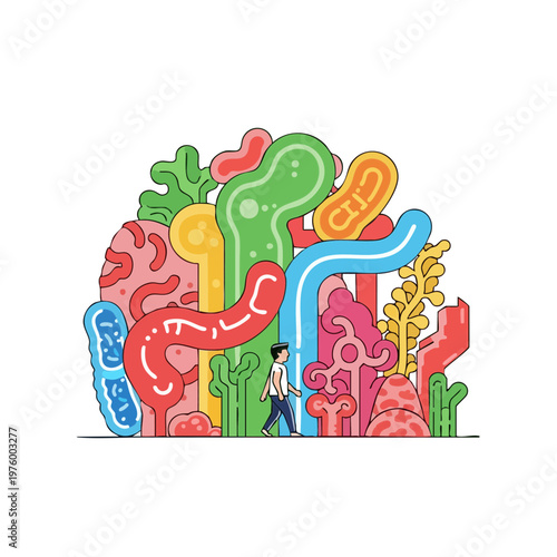 Man walking through a landscape of colorful bacteria and microbes