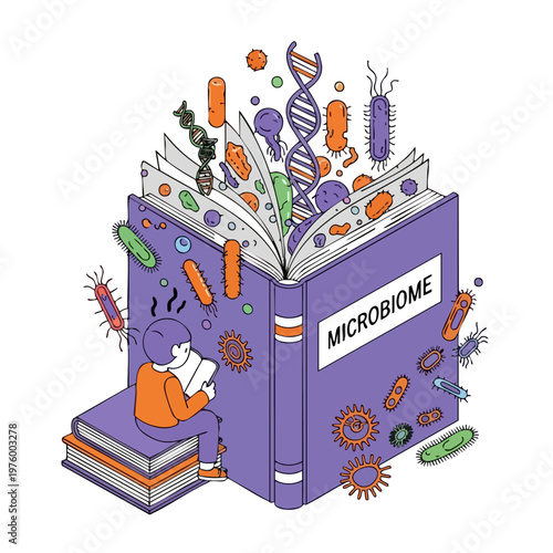 Isometric Illustration of a Child Reading a Book About Microbiome