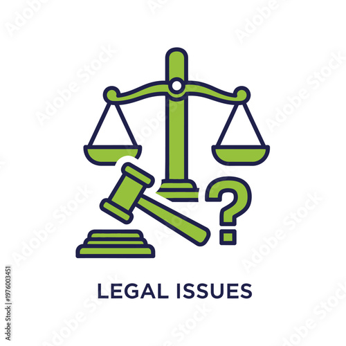 Illustration of scales, gavel, and question mark symbolizing legal issues and justice system