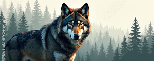 Wolf stands in coniferous forest mist. Close up on majestic predator face. Intense yellow eyes glow. Wildlife art for graphic design. Nature scene.