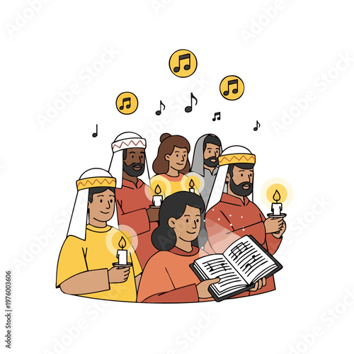 Diverse people holding candles and singing from a hymn book