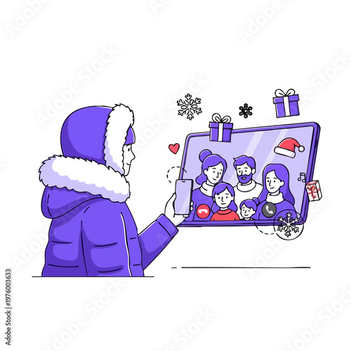 Side view of a person in a winter coat video calling family on tablet