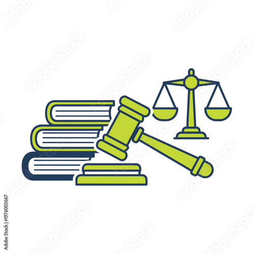 Illustration of a judge's gavel and scales of justice with a stack of law books, symbolizing legal profession