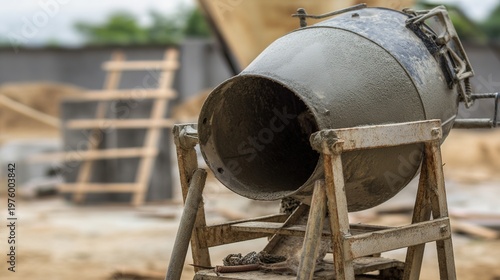 slurry. A cement mixer on a construction site with grey slurry inside. safety posters, maintenance manuals, designed for industrial assembly lines and welding operations.