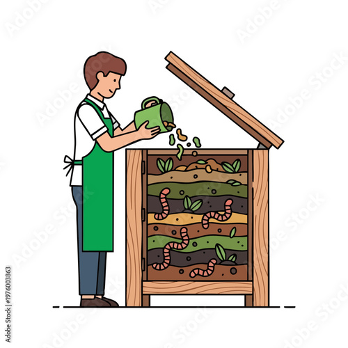 Man Pouring Organic Waste into Compost Bin with Earthworms