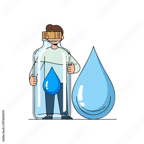 Man with VR goggles protecting water bottle and droplet