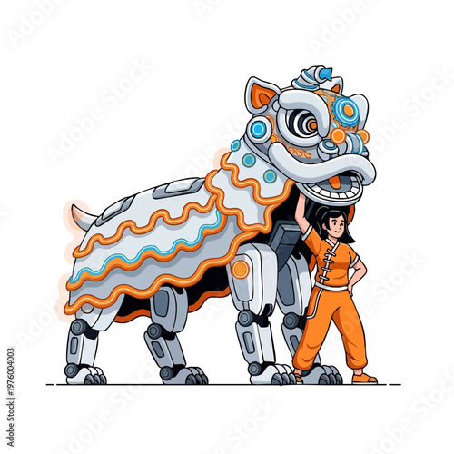 Modern Woman with Cybernetic Chinese Lion Dance Robot Vector