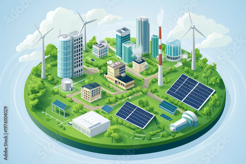 Modern isometric scene of eco-friendly corporate offices, green factories, and community infrastructure powered by solar panels and wind turbines, unified in a circular composition