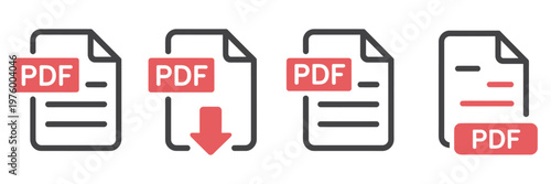 PDF file icons in vector format, including download and document symbols, suitable for texts, images, videos, and interactive forms.