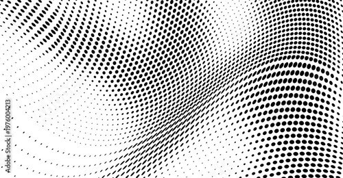 Abstract halftone wave with twisted grunge dots and circles: futuristic optical texture.