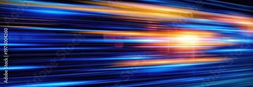 Bright blue and orange streaks of light create a dynamic, abstract motion effect against a dark background.