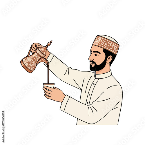 Arab Man Pouring Traditional Coffee From Dallah Pot Vector