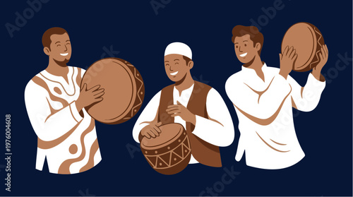 Muslim Men Playing Traditional Rebana Drums Illustration