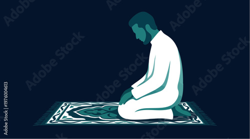 Muslim Man Kneeling on Prayer Mat for Salah Vector Art