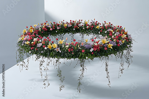 Round Flowerbed Cut Out Design on Flight, Decorative Garden Element on White Background