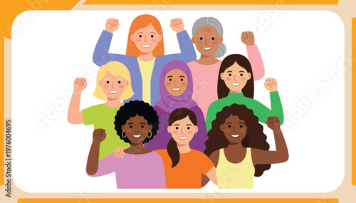 Diverse Multiethnic Group of Smiling Women Standing Together with Raised Fists for Female Empowerment, Equality, and Unity Vector Illustration