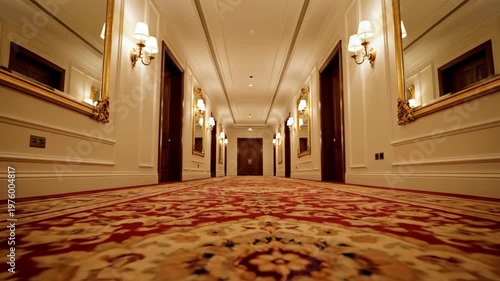 Walking Through a Classic Hotel Corridor with Elegant Lighting