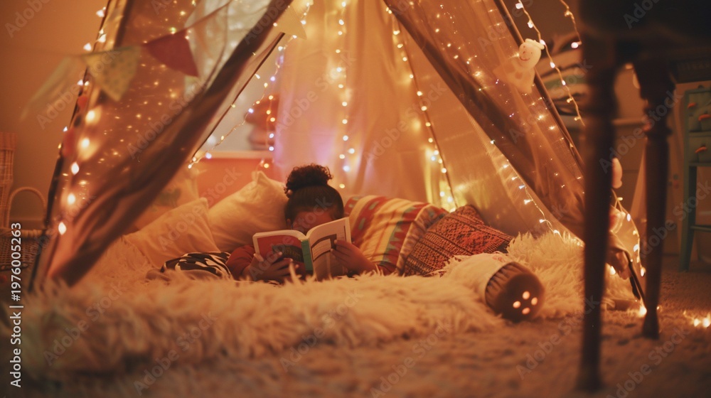 Fototapeta premium Girl reading in cozy tent adorned with fairy lights and soft pillows, bathed in warm light