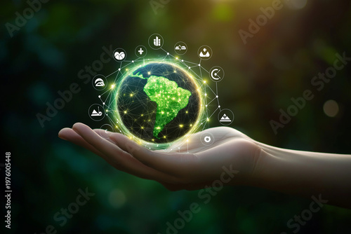 Top-down view of a hand holding Earth with glowing circular UI-style icons representing renewable energy and climate action, digital environmental technology concept