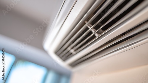 vent. Close-up of a modern silver air conditioner vent, crisp white streams of cool air flowing out. mobility guides, transit brochures, designed for transport & logistics marketing.