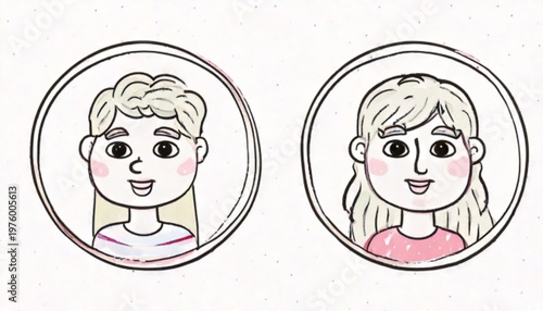 Two smiling women portraits inside circles, light skin and blonde hair.