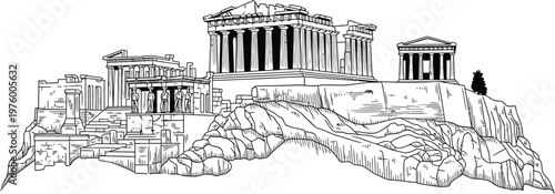 Acropolis of Athens ancient Greek temple illustration, vector line drawing