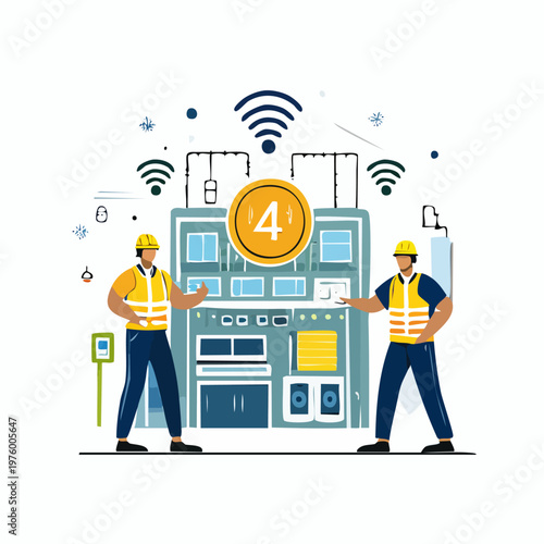 Two Technicians Working on Server Rack with Wi-Fi Signals.