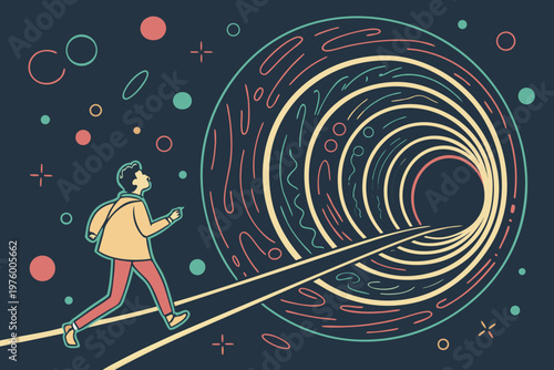 A person walks along a narrow path towards a swirling tunnel of colorful lines and shapes in a dark blue background