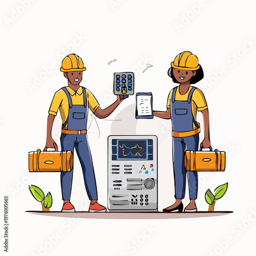 Two technicians working on medical equipment with tools.