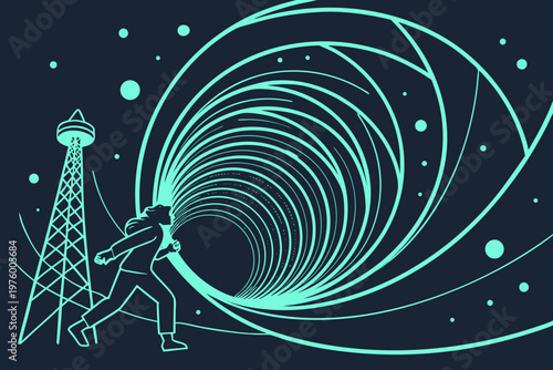 A futuristic illustration of a person pushing a swirling vortex next to a tower